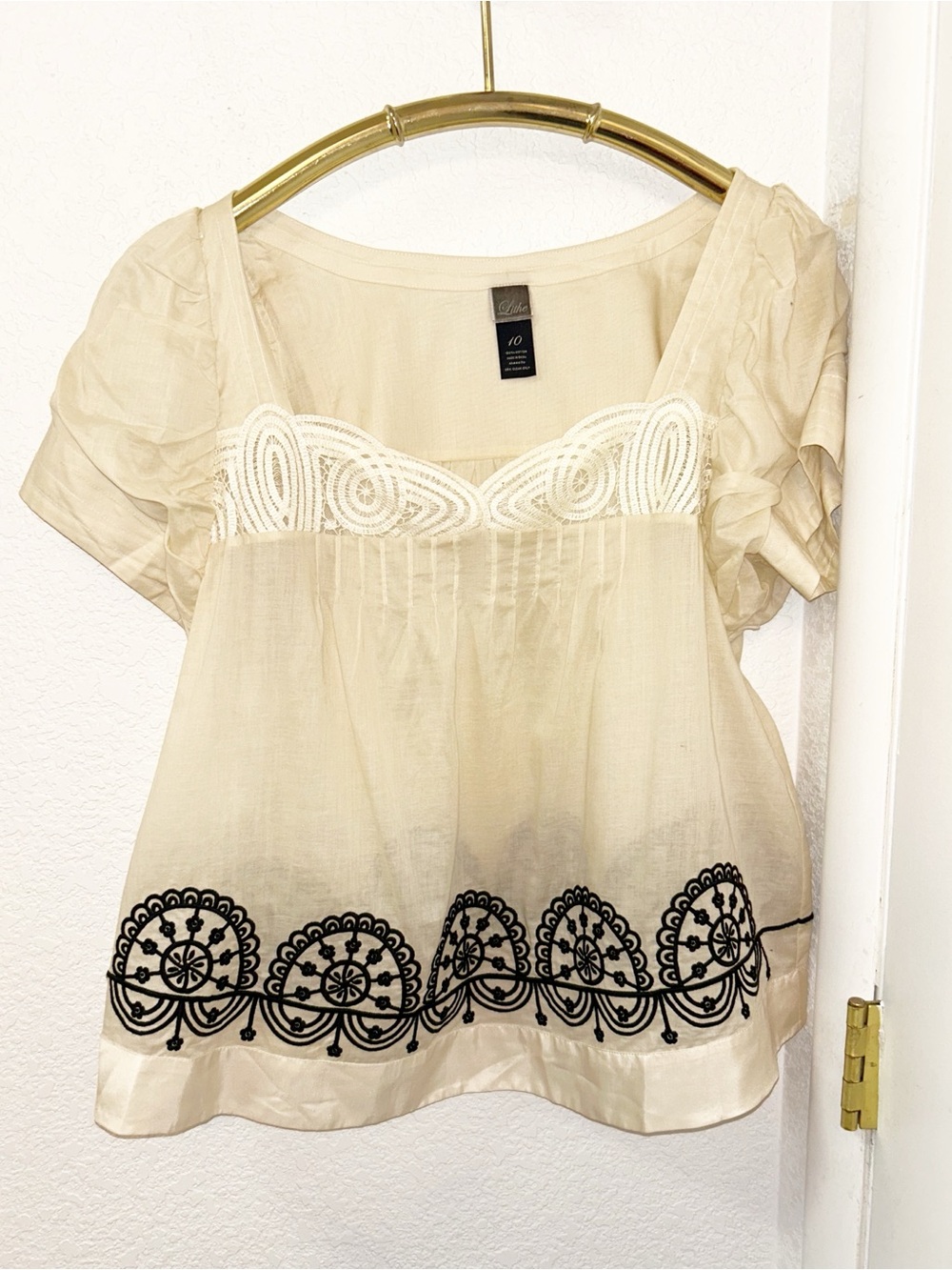 ANTHROPOLOGIE x LITHE The Gauzy Lace Embroidered Sweetheart Peasant Top SZ: 10